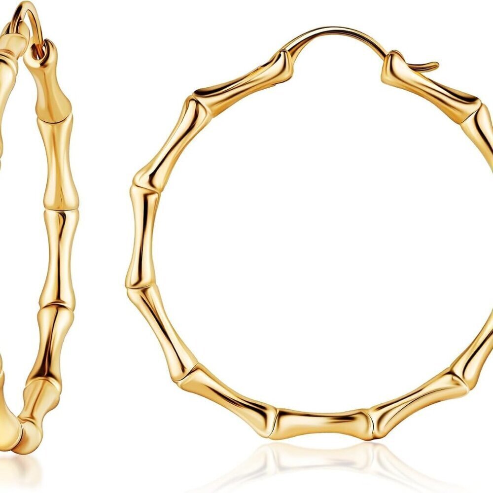 Womens Gold Bamboo Hoop Earrings 18K Gold Plated 40mm Gift for Women